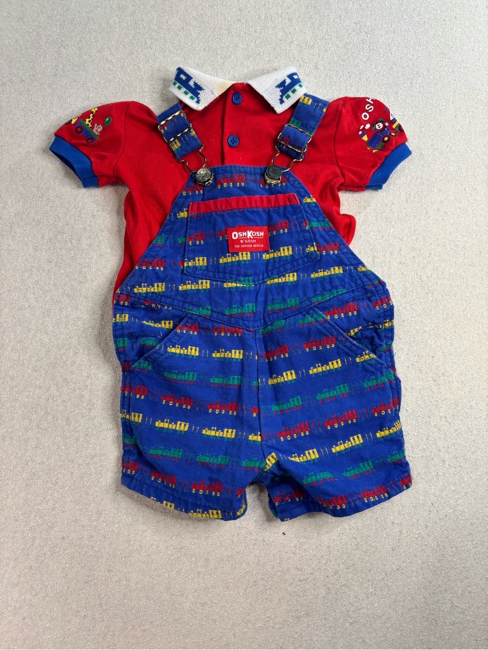Vintage OshKosh B’Gosh Baby Train Shortall Outfit Set USA Red Blue 6-9 Months